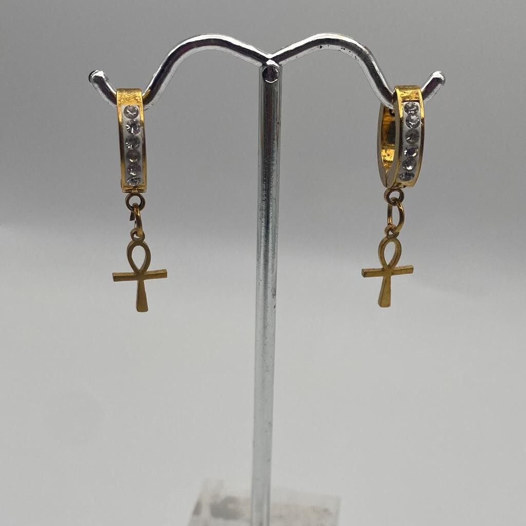 Stainless Steel Ankh CZ Huggie Gold
