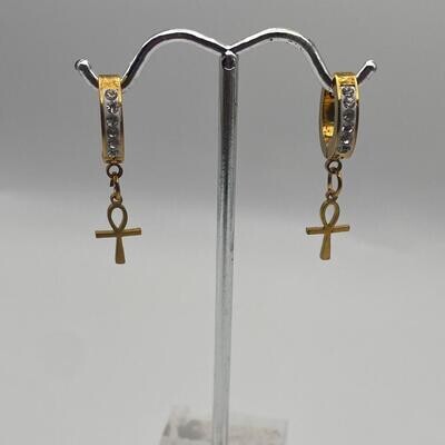 Stainless Steel Ankh CZ Huggie Gold