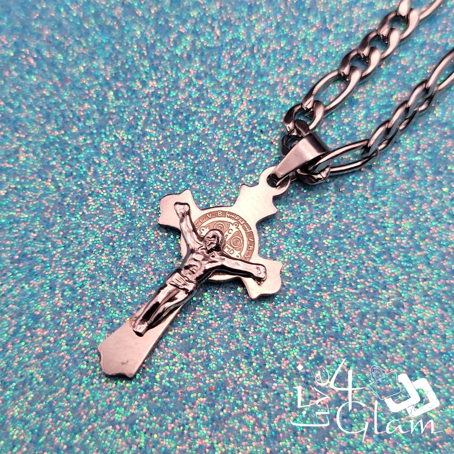 Stainless Steel Silver Small Crucifix Cross Pendant w Figaro Chain