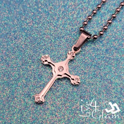 Stainless Steel Silver Small 5 Point CZ Cross Pendant w 30&quot; Ball Chain