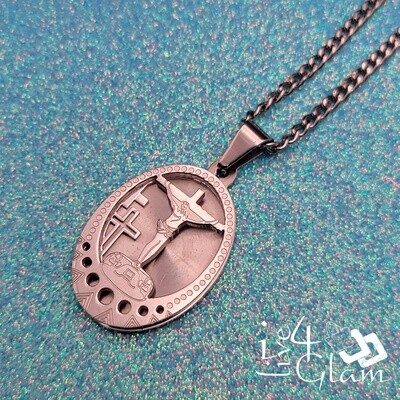 Stainless Steel Silver Oval Insert Crucifix Pendant and Chain