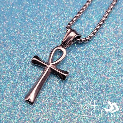 Stainless Steel Silver Small Ankh Cross w Chain Pendant