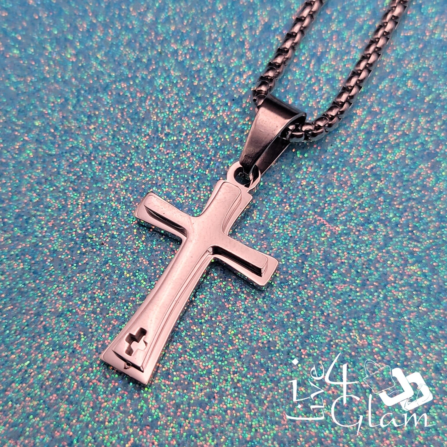 Stainless Steel Silver Small 2D Insert Cross w Chain Pendant