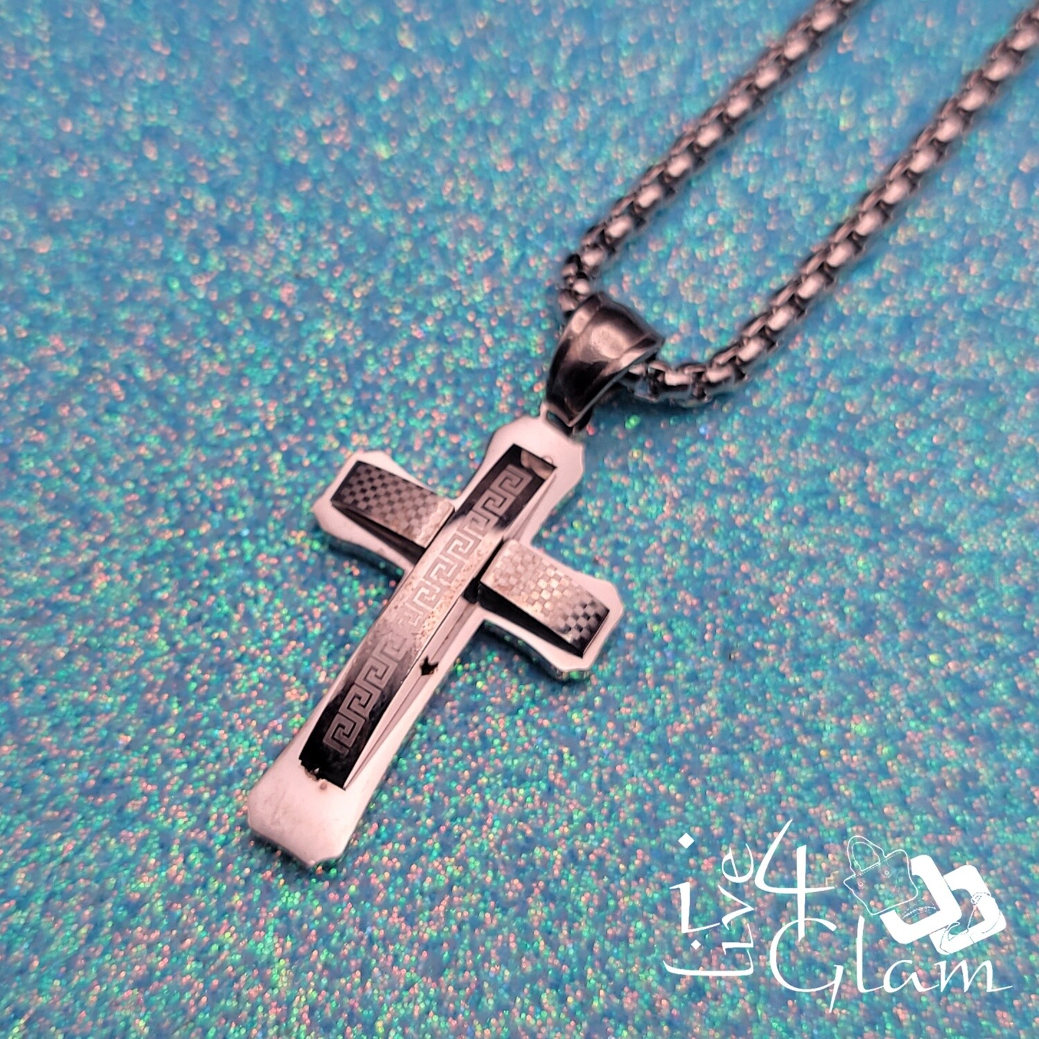 Stainless Steel Silver Patterned Cross w Chain Pendant