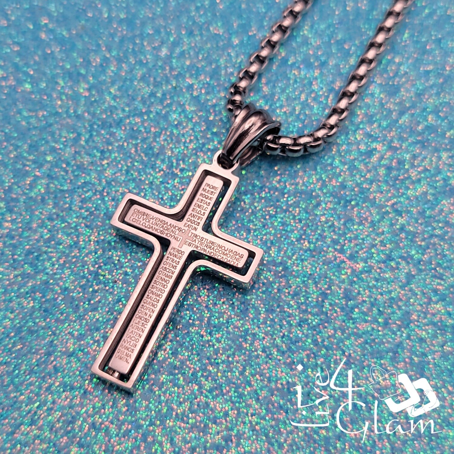 Stainless Steel Silver Scripture Cross w Chain Pendant