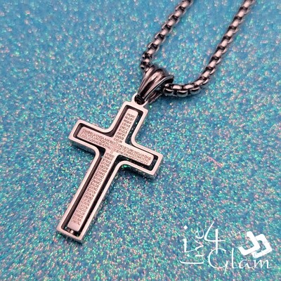 Stainless Steel Silver Scripture Cross w Chain Pendant