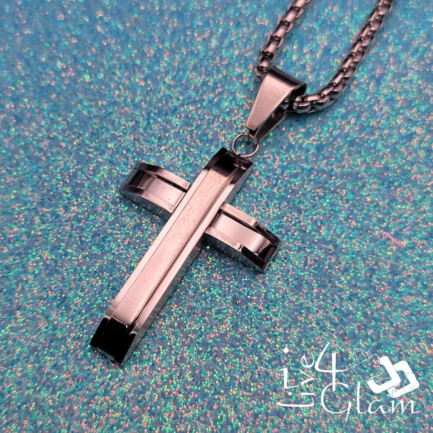 Stainless Steel Silver Small 2D Cross w Chain Pendant
