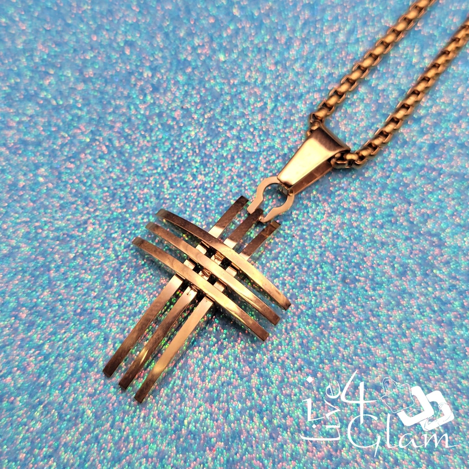 Stainless Steel Small 2D 3 Line Cross w Chain Pendant