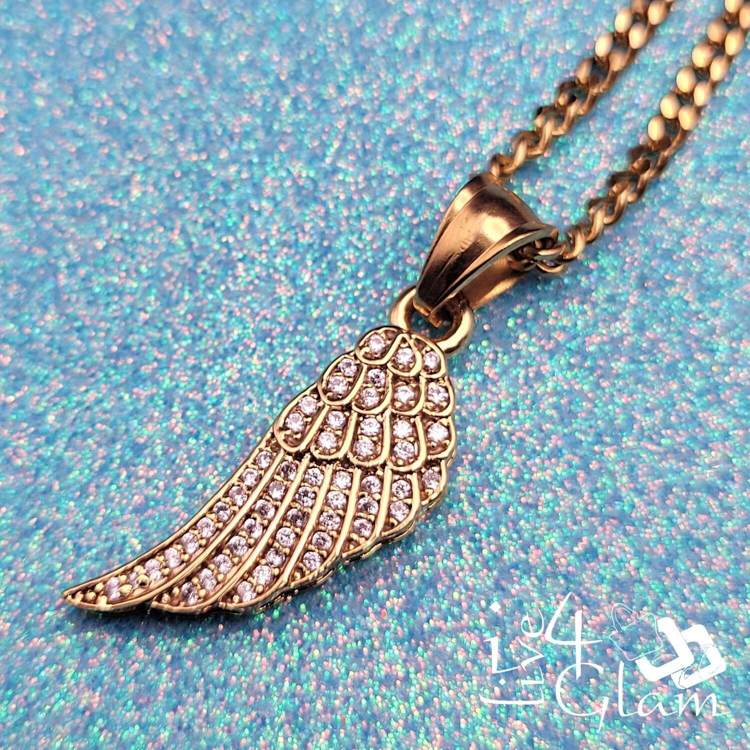 Stainless Steel Small Wing CZ Pendant with Mini Cuban Chain
