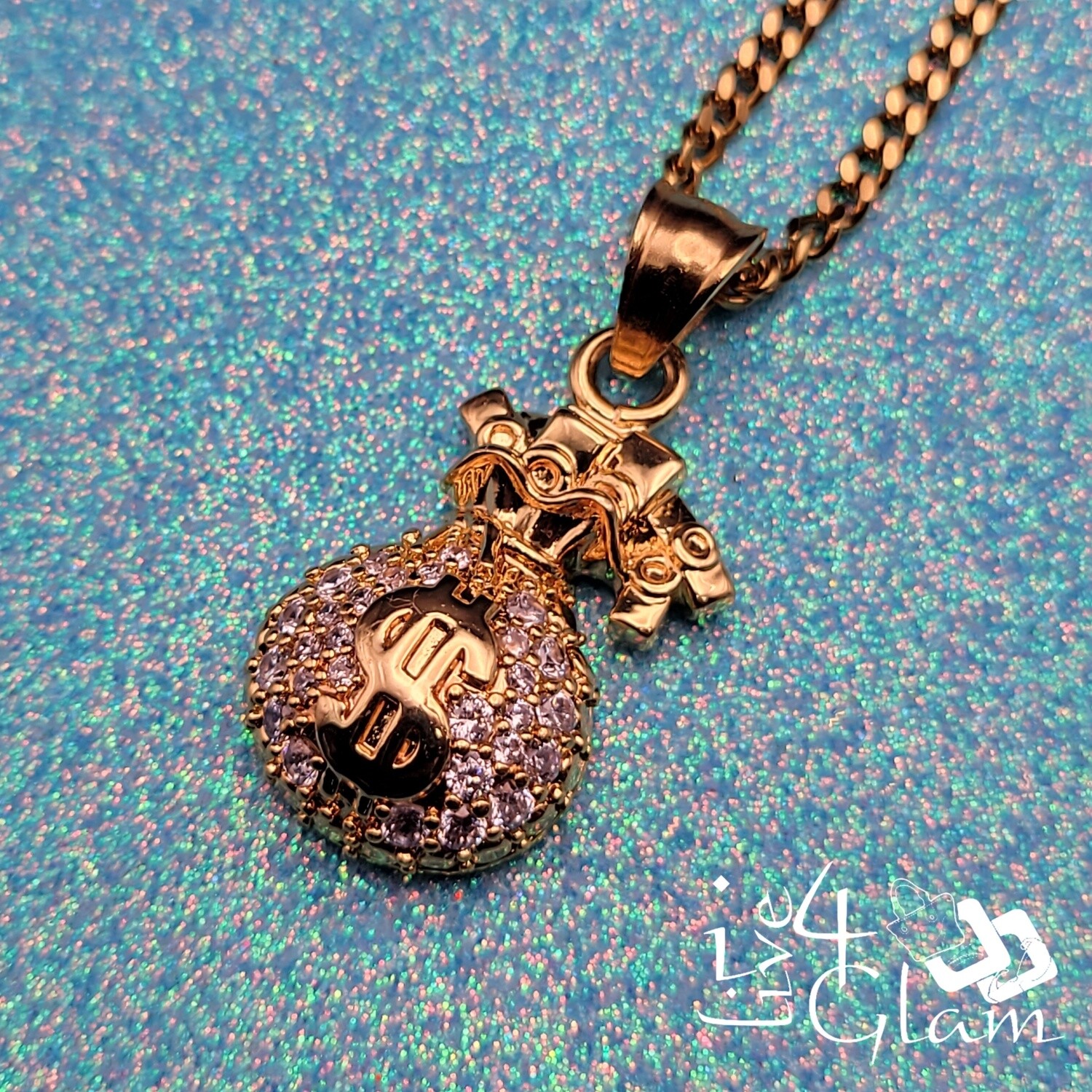 Stainless Steel Small Gold Money Bag CZ Pendant with Mini Cuban Chain