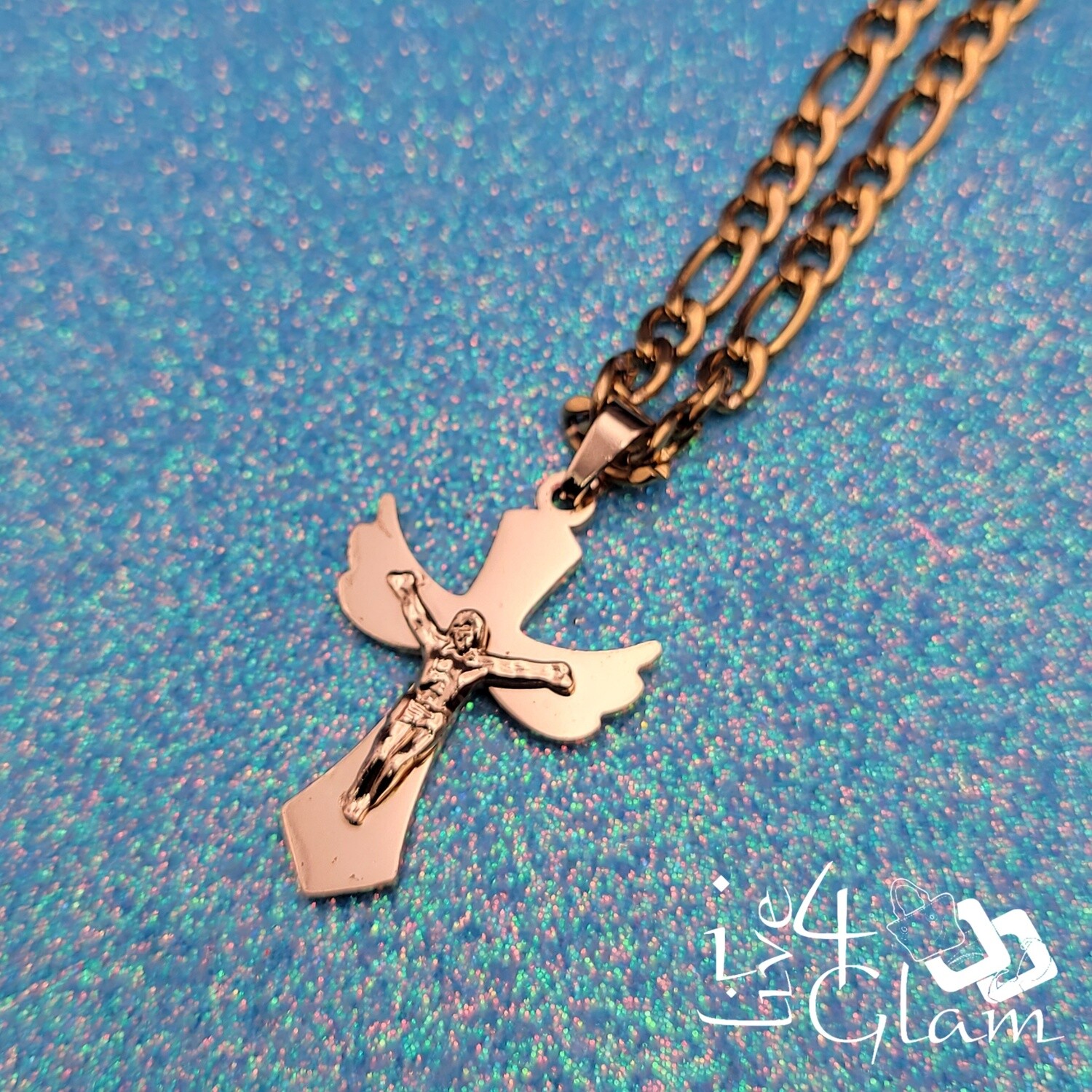 Stainless Steel Wing Crucifix Cross Pendant and Figaro Chain