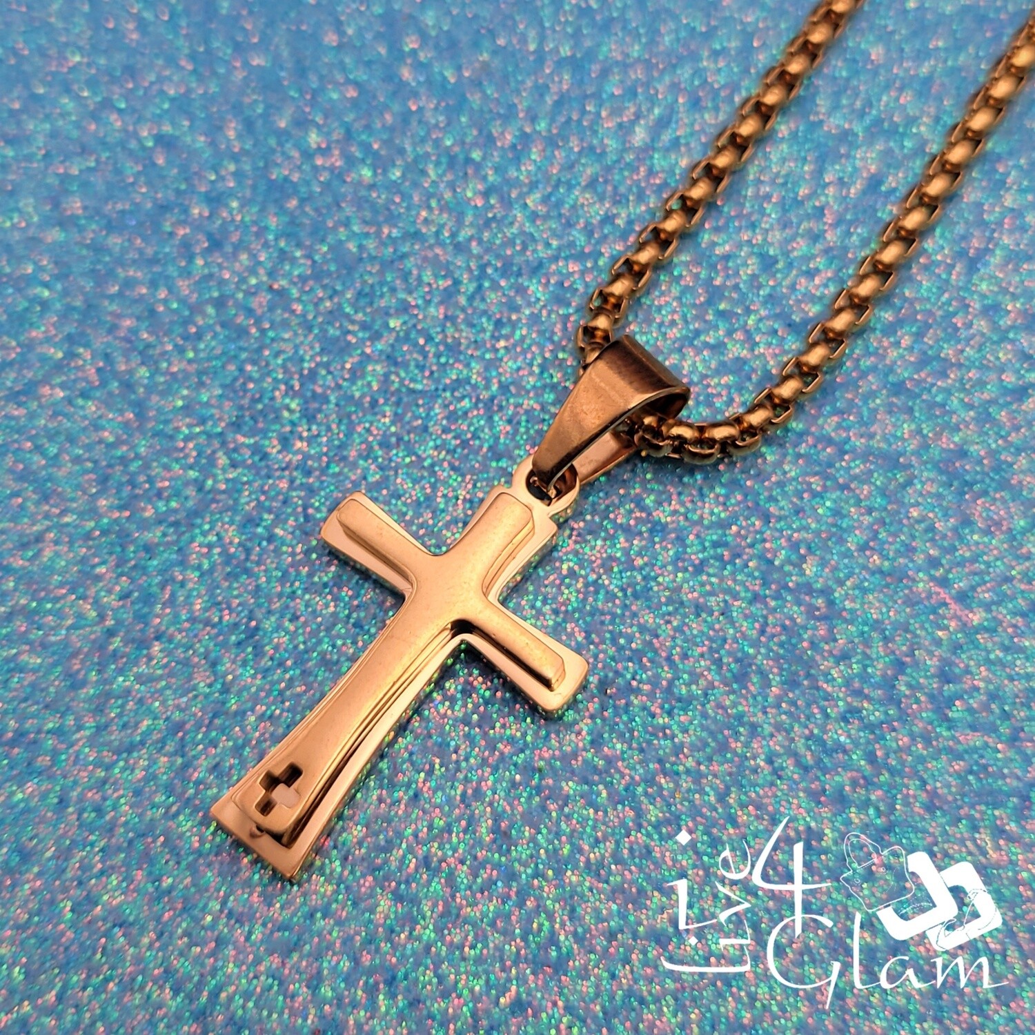 Stainless Steel Small 2D Insert Cross w Chain Pendant