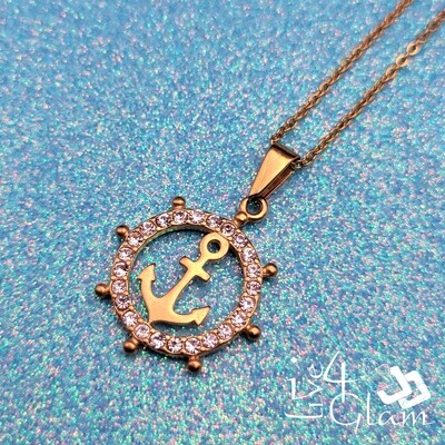 Stainless Steel CZ Ship Wheel and Anchor Pendant with Chain