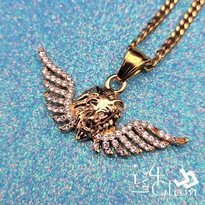 Stainless Steel Small Lion Head &amp; Wings CZ Pendant with Mini Cuban Chain