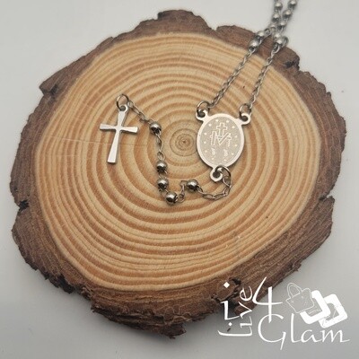 Stainless Steel Silver 3mm Small Rosary Jesus CZ Chain