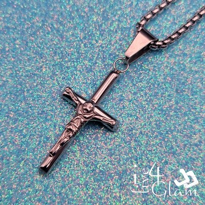 Stainless Steel Silver Small Crucifix Cross w Chain Pendant