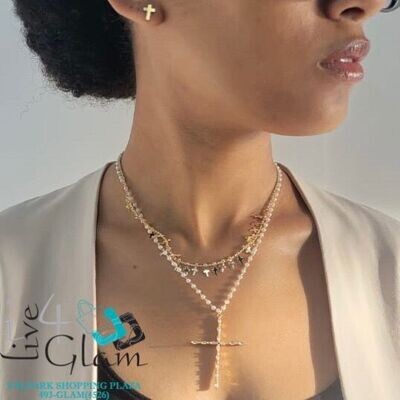 Stainless Steel Cross 2 Layer Pearl Chain Set