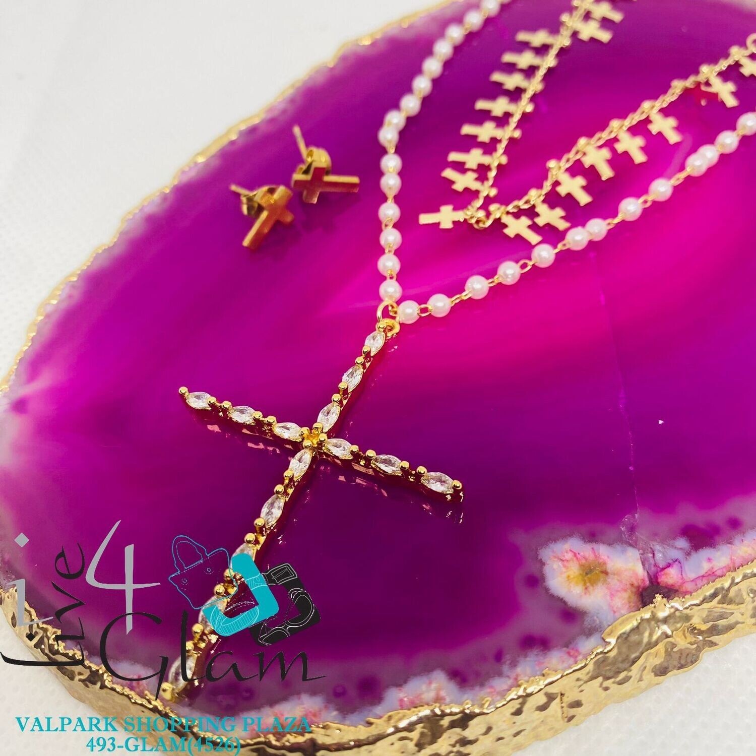 Stainless Steel Cross 2 Layer Pearl Chain Set