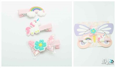 3 pk Rainbow Unicorn Glitter Butterfly Hair Clip