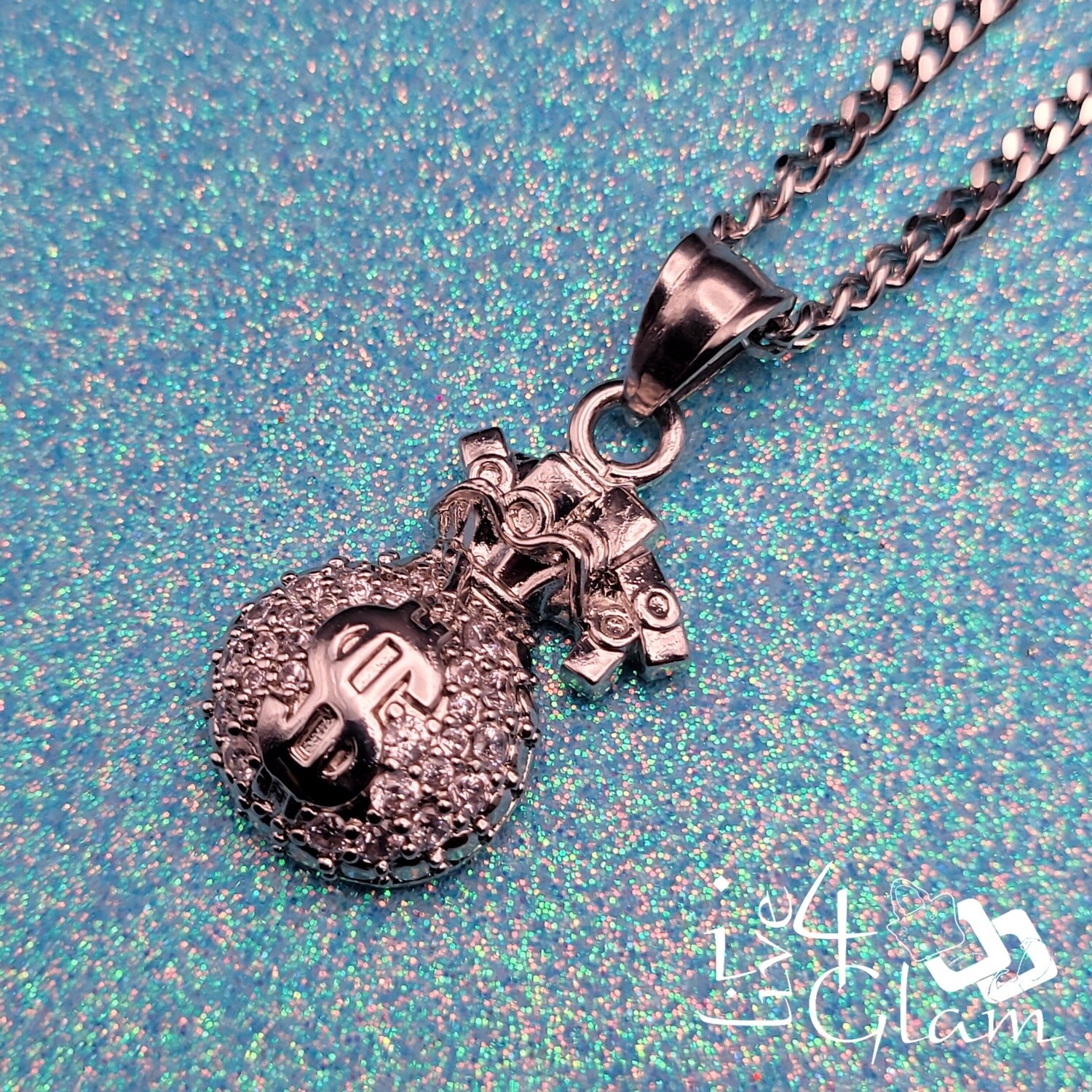 Stainless Steel Small Silver Money Bag CZ Pendant with Mini Cuban Chain
