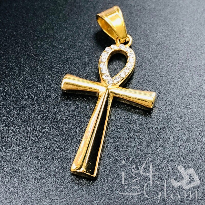 Ciondolo Unisex In Acciaio Con Croce Ankh E Strass - Gioiello Uomo/donna Con Scatola