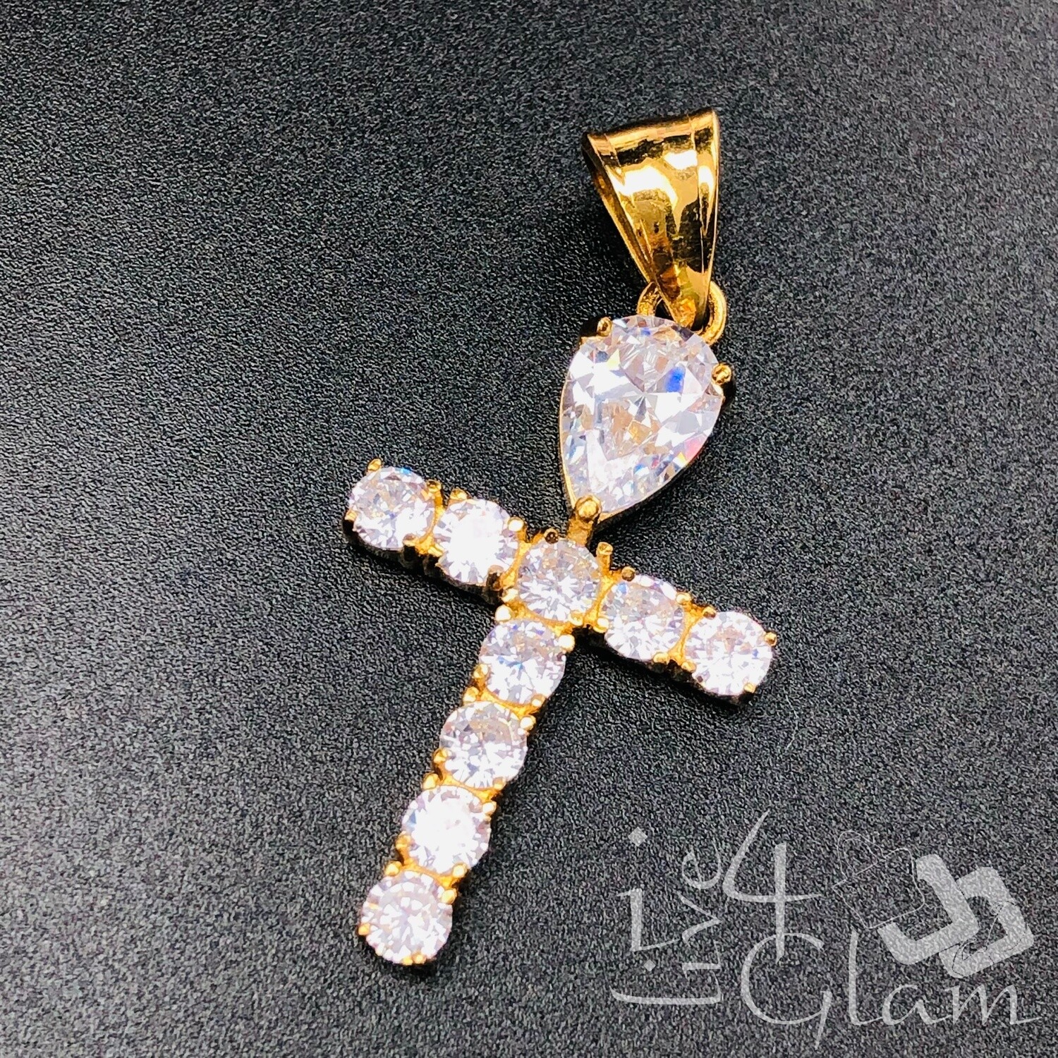 Stainless Steel CZ Bling Tear Drop Cross Pendant