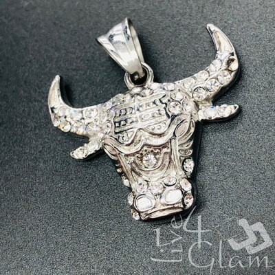 Stainless Steel Silver Bull Head CZ Pendant