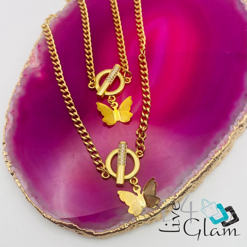 Stainless Steel CZ Butterfly Two Layer Necklace and Band Set