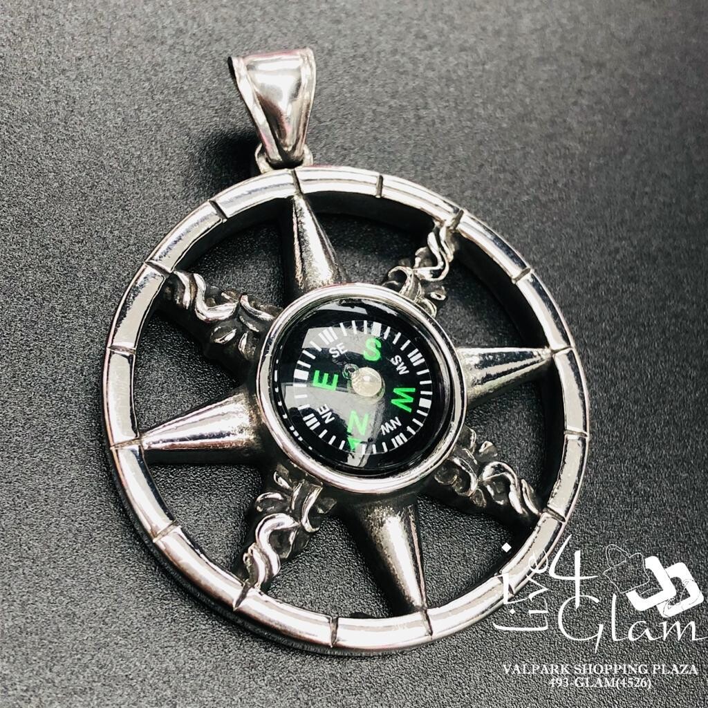 Stainless Steel Silver Wheel w/Compass Pendant