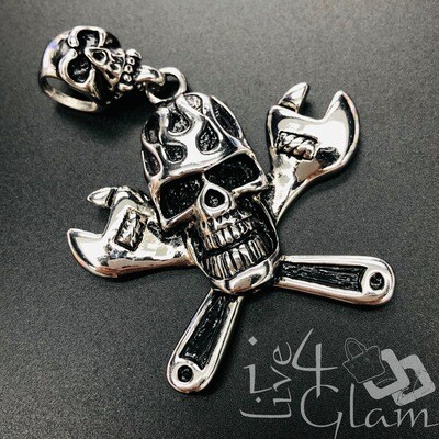 Stainless Steel Silver Skull and Wrench Pendant