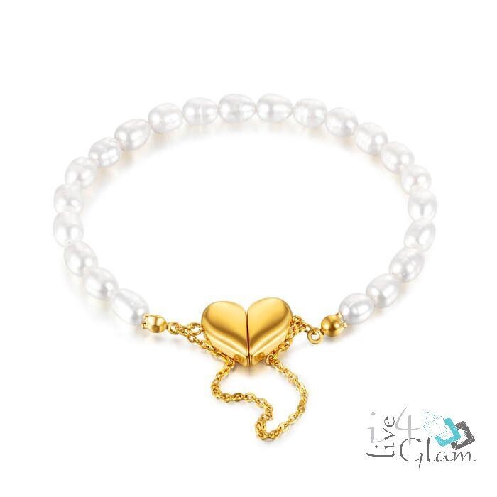 Freshwater Pearl Bracelet w Magnetic Heart, Color: Gold