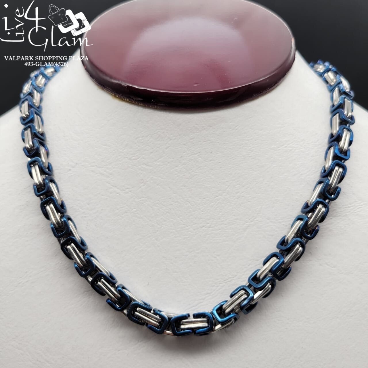 Stainless Steel 24&quot; Byzantine Chain 6mm Blue/Silver