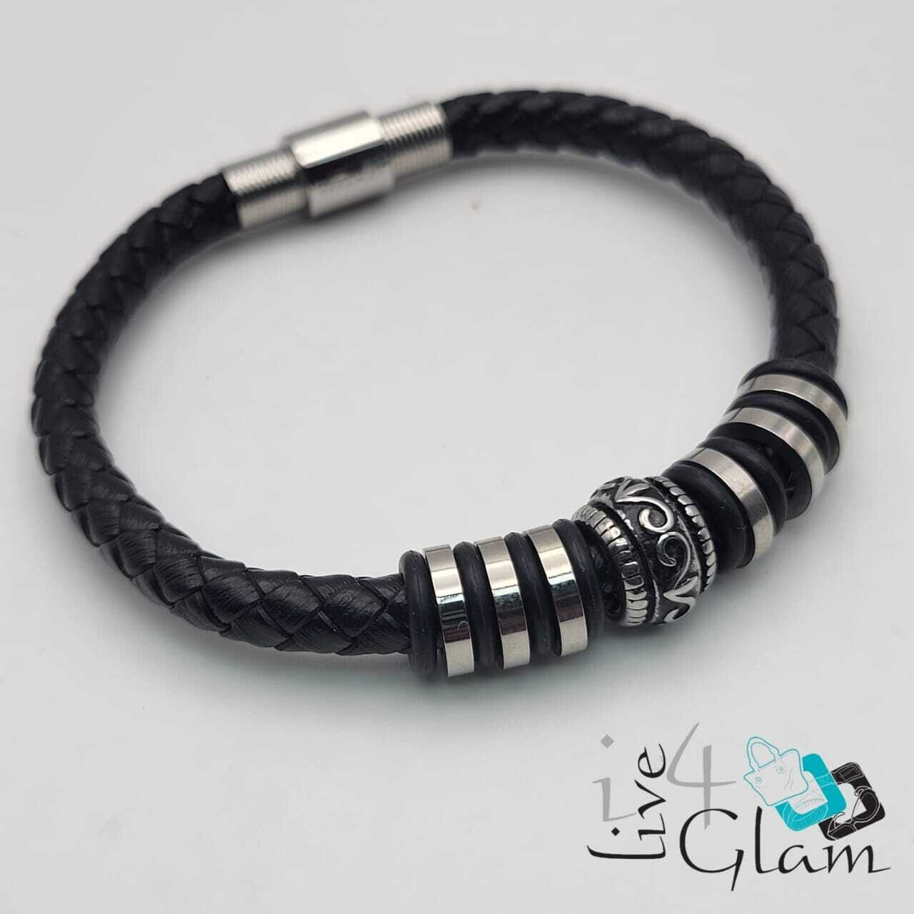 Stainless Steel Magnetic Clasp Leather Hand Band Black/Silver