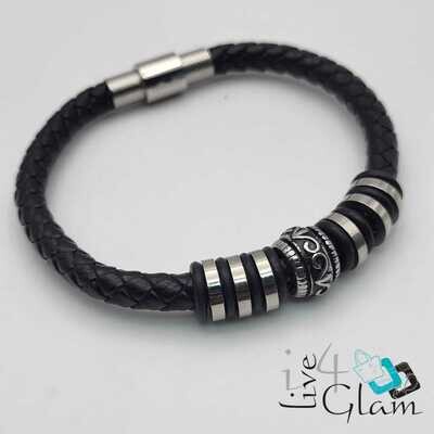 Stainless Steel Magnetic Clasp Leather Hand Band Black/Silver