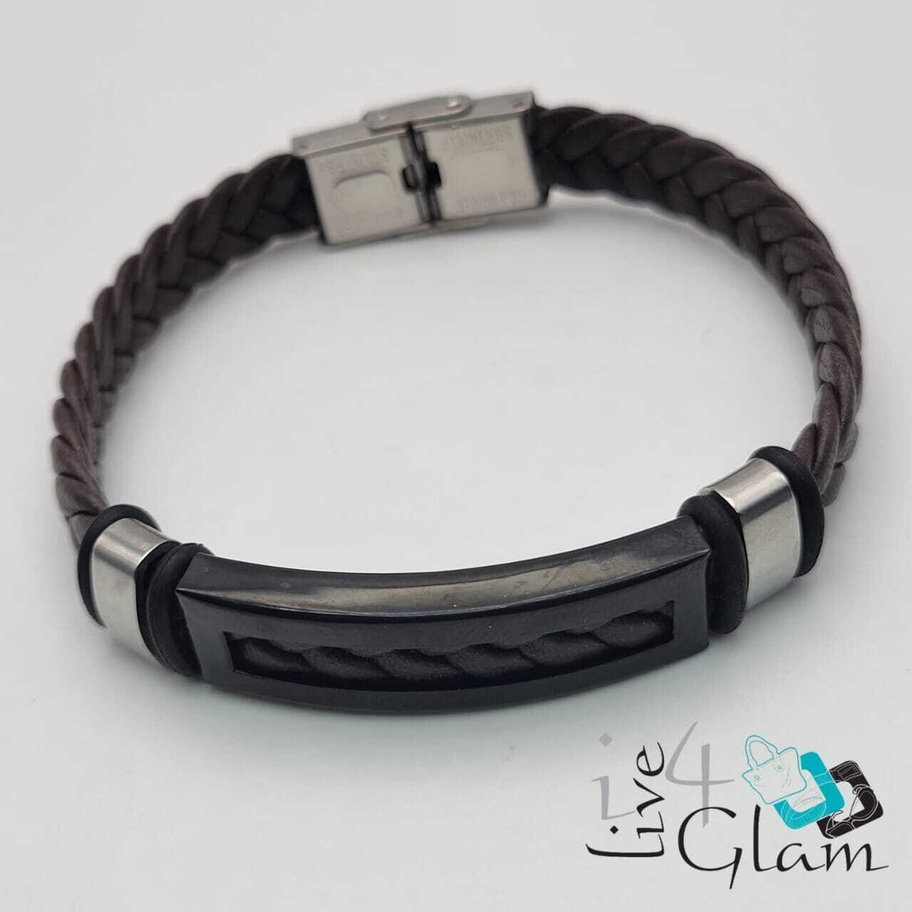 Stainless Steel  Brown  Braided Leather Hand Band