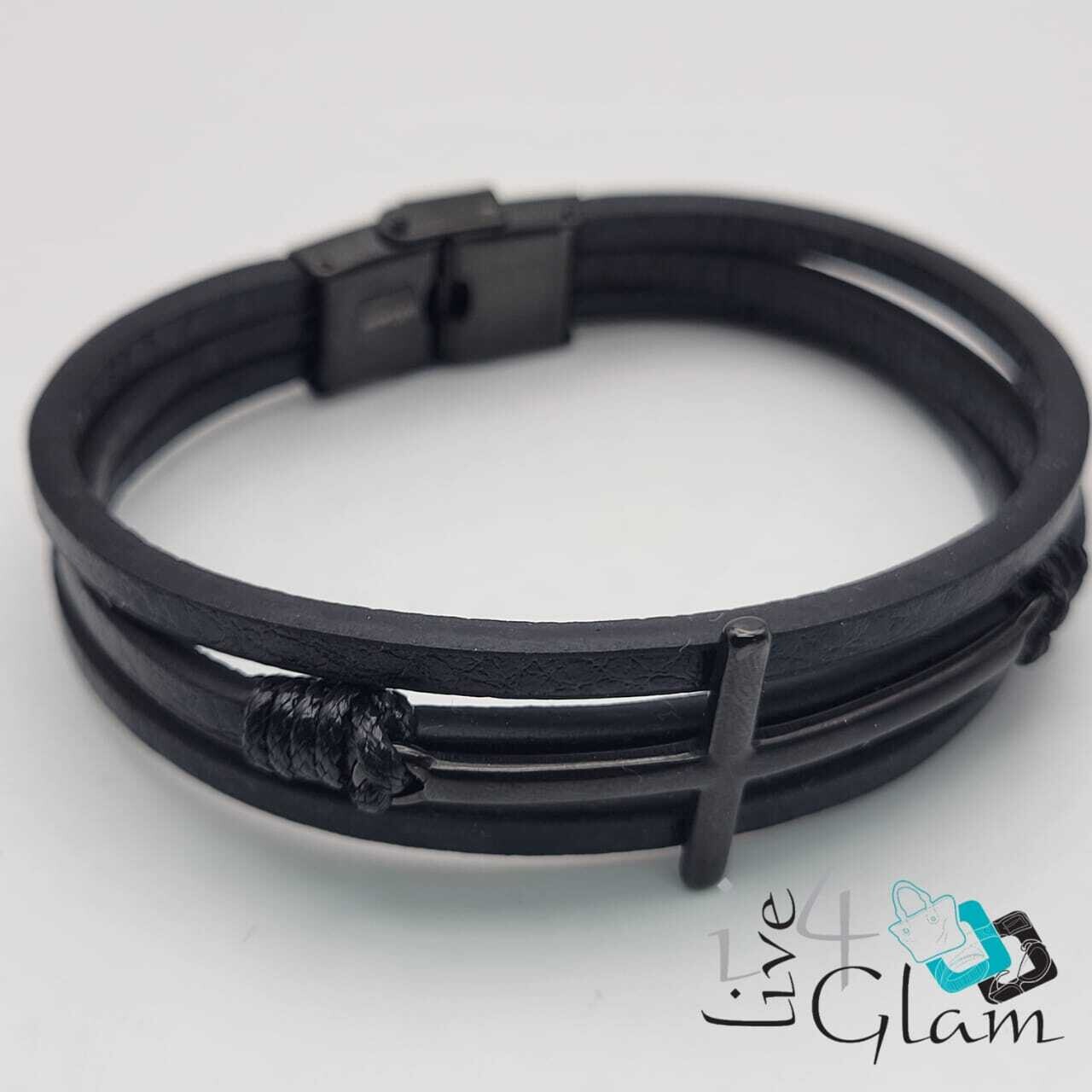 Stainless Steel Three Layer  Leather Cross Hand Band