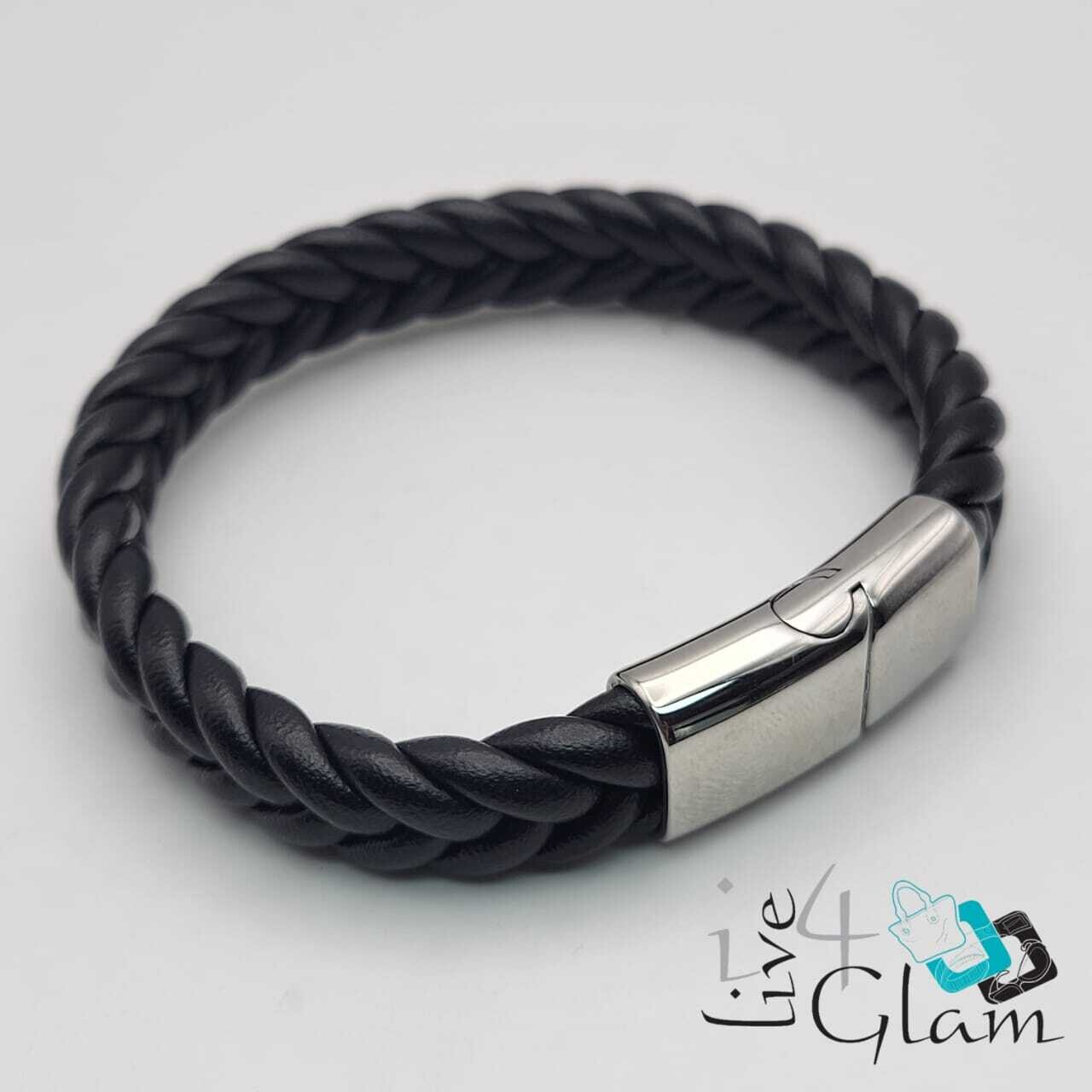 Stainless Steel Braided Black Leather Hand Band