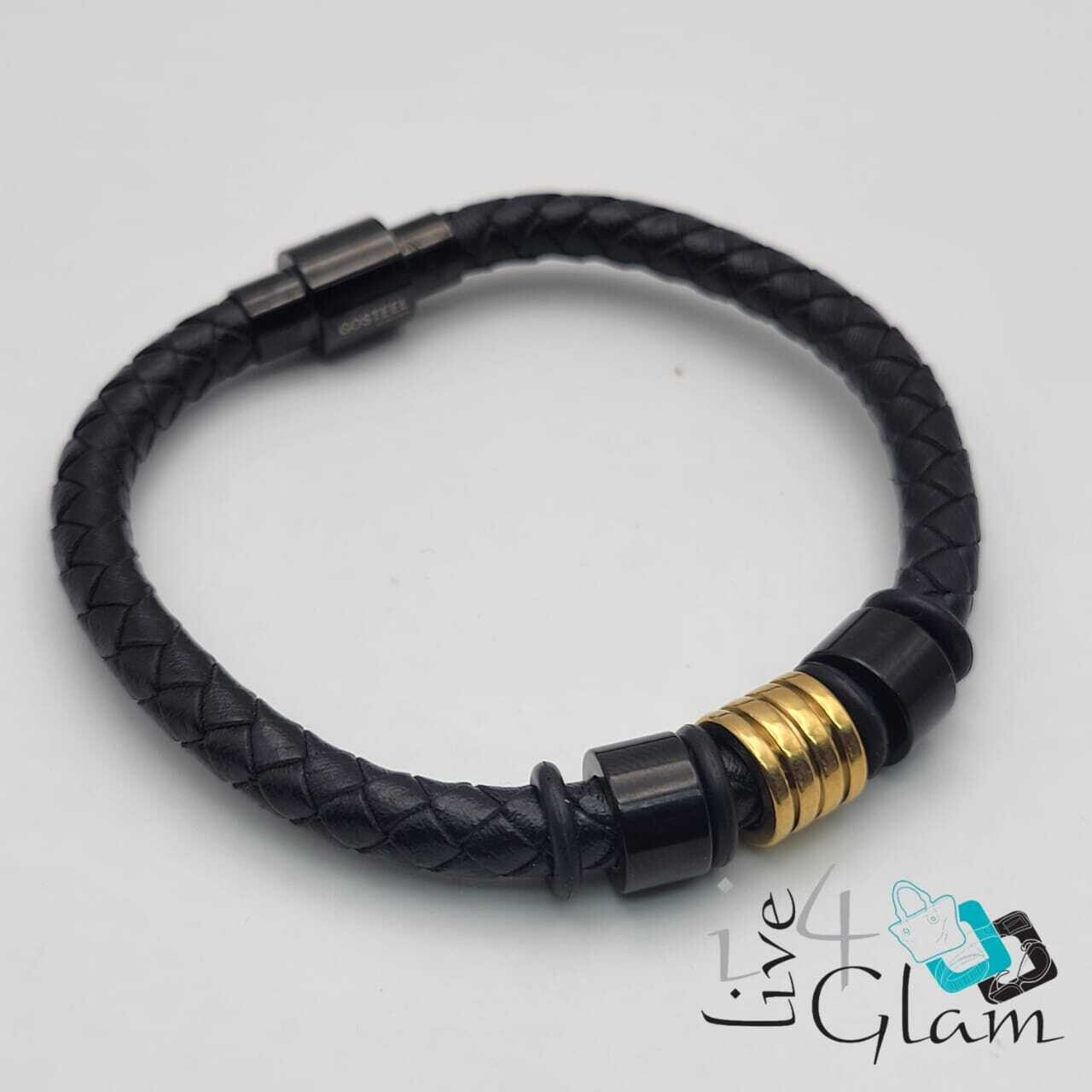 Stainless Steel Magnetic Clasp Leather Hand Band Black/Gold