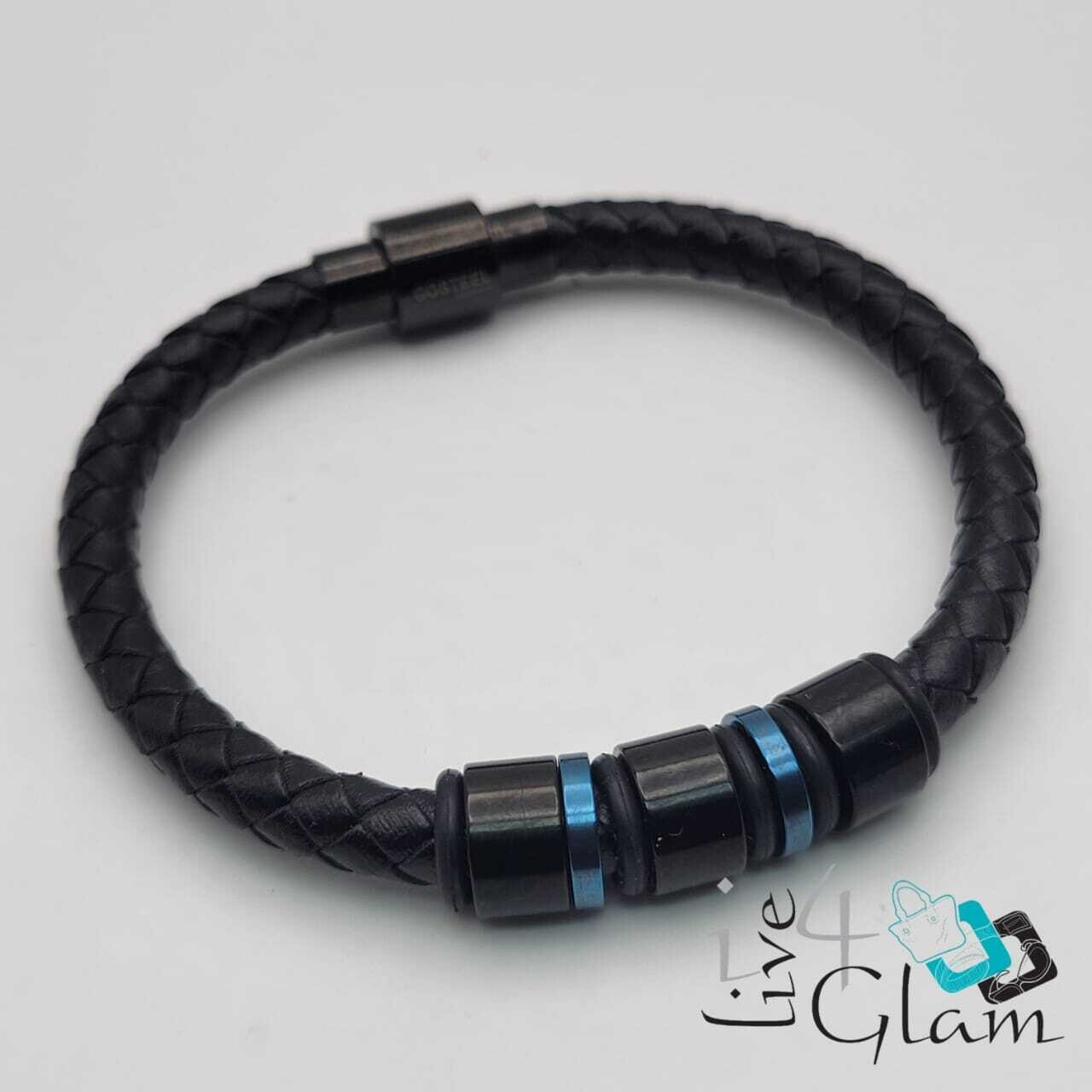 Stainless Steel Magnetic Clasp Leather Hand Band Blue/Black