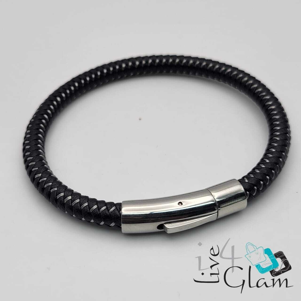 Stainless Steel Leather Hand Band Black/Silver