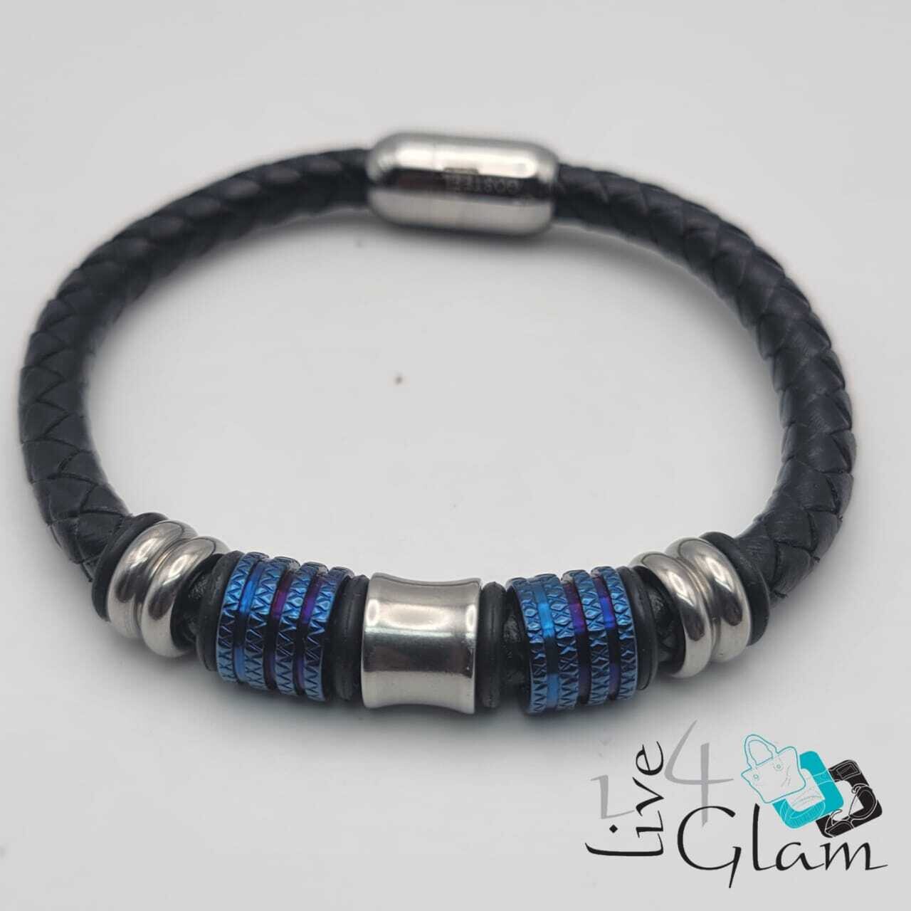 Stainless Steel Magnetic Clasp Leather Hand Band Blue/Silver