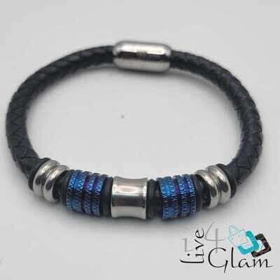 Stainless Steel Magnetic Clasp Leather Hand Band Blue/Silver