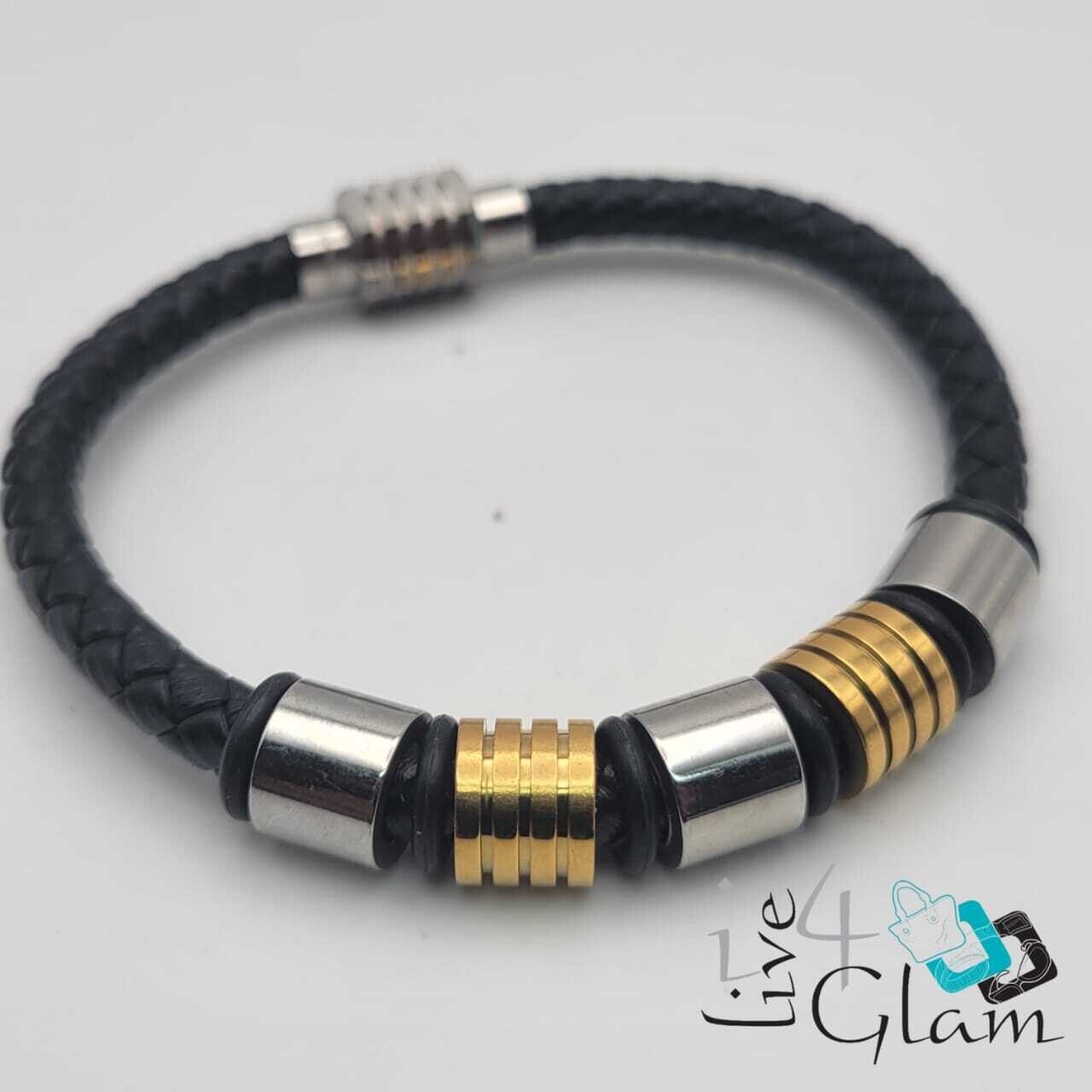 Stainless Steel Magnetic Clasp Leather Hand Band Gold/Silver
