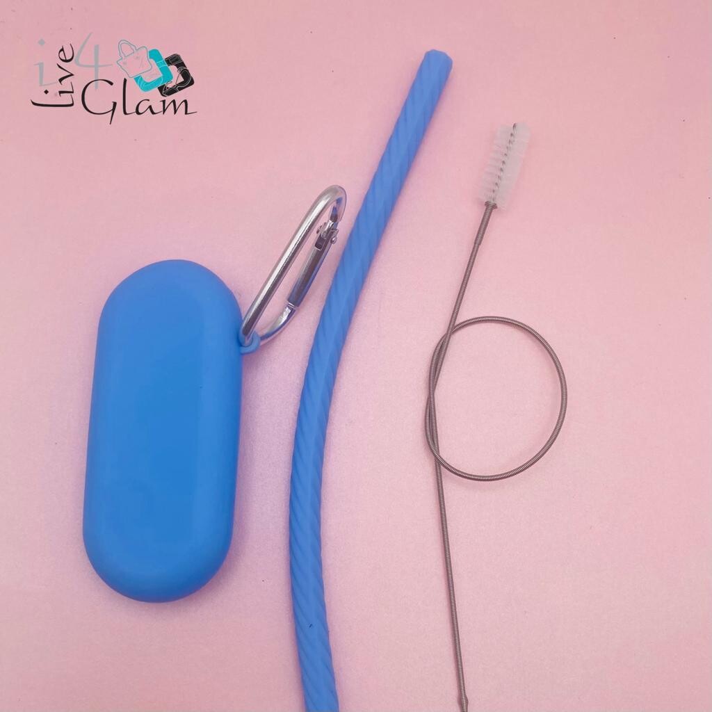 Silicone Straw with Case and Cleaner, Color: Blue