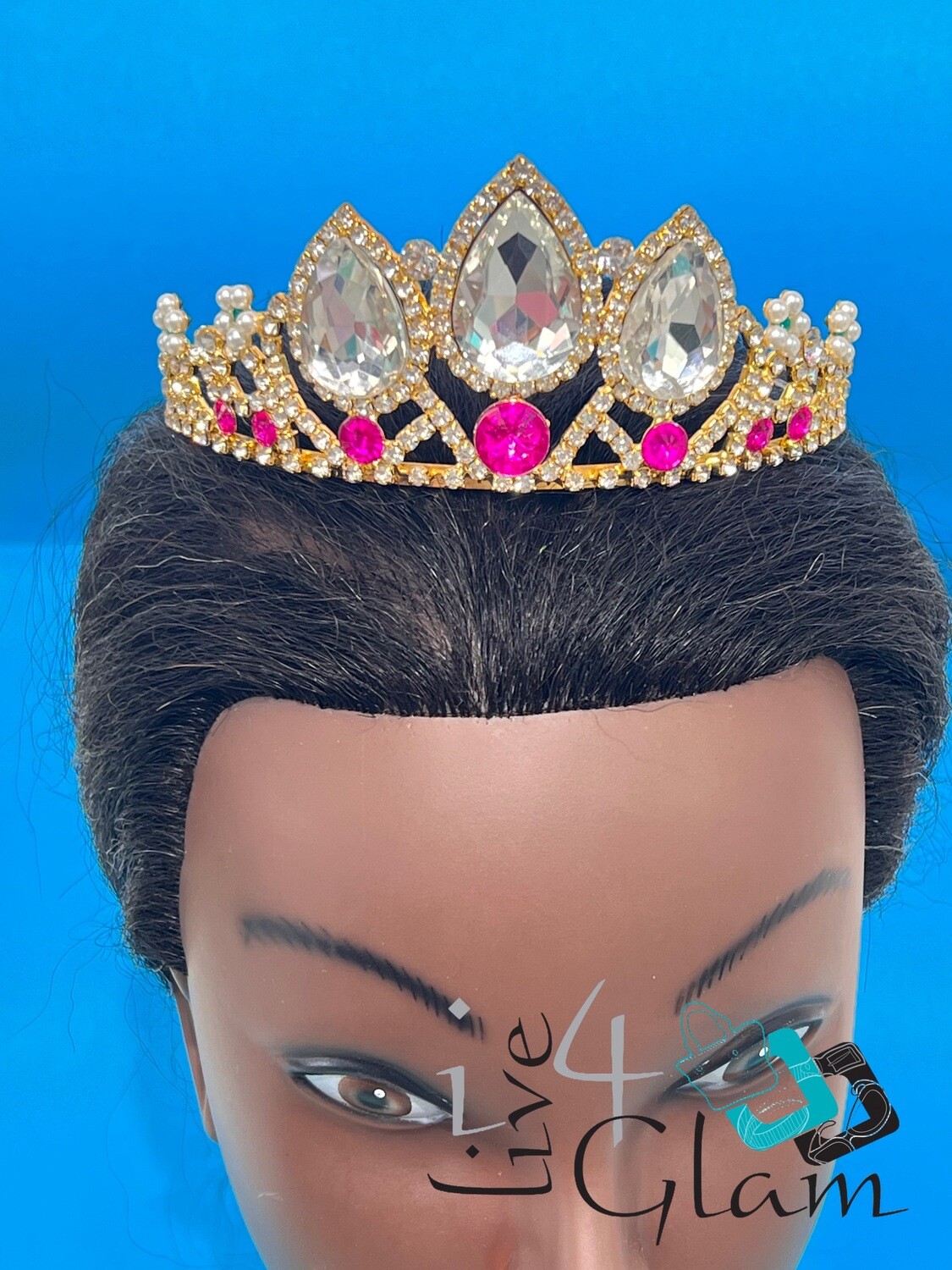 Large Cz and Pink and Mini Pearl Tiara