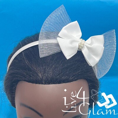 White Mesh Pearl And Bow Headband