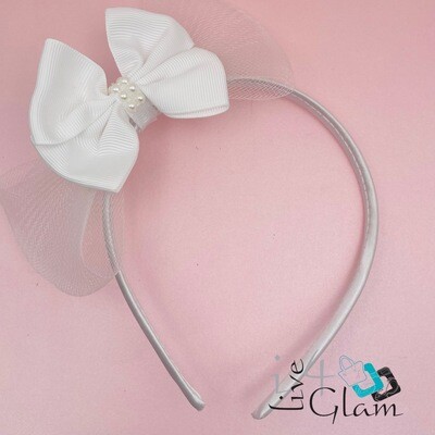 White Mesh Pearl And Bow Headband