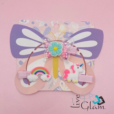 3 pk Rainbow Unicorn Glitter Butterfly Hair Clip