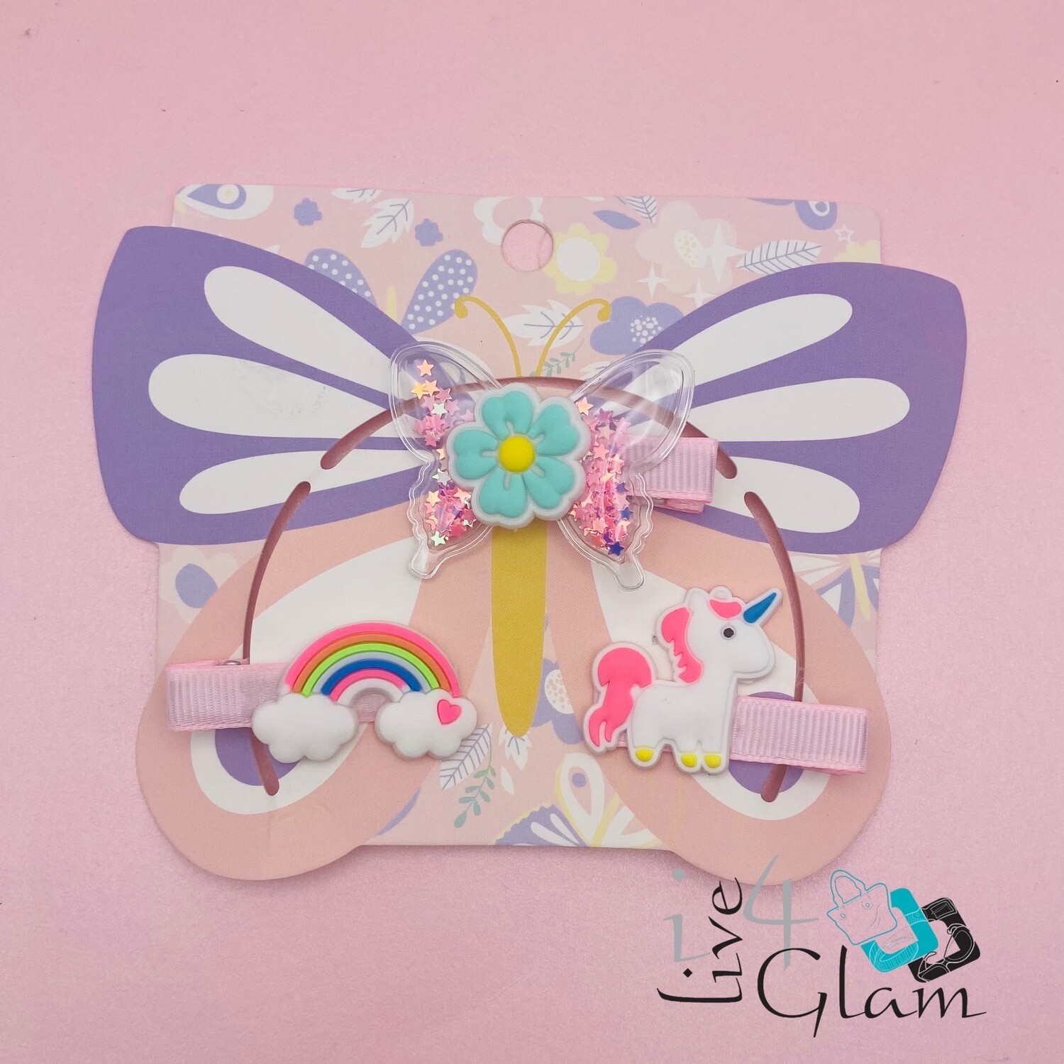 3 pk Rainbow Unicorn Glitter Butterfly Hair Clip