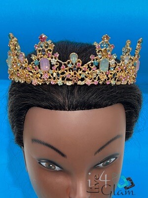 Gold Pink and Crystal Leaf Tiara